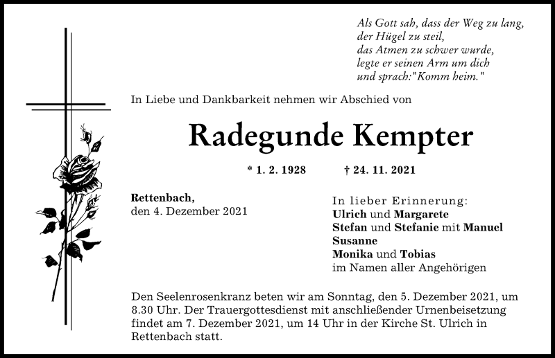  Traueranzeige für Radegunde Kempter vom 04.12.2021 aus Günzburger Zeitung