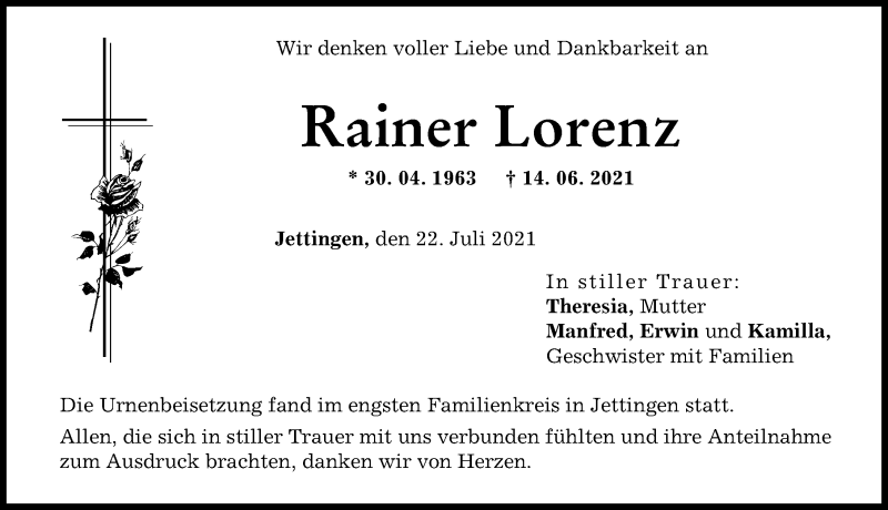 Traueranzeige von Rainer Lorenz von Günzburger Zeitung