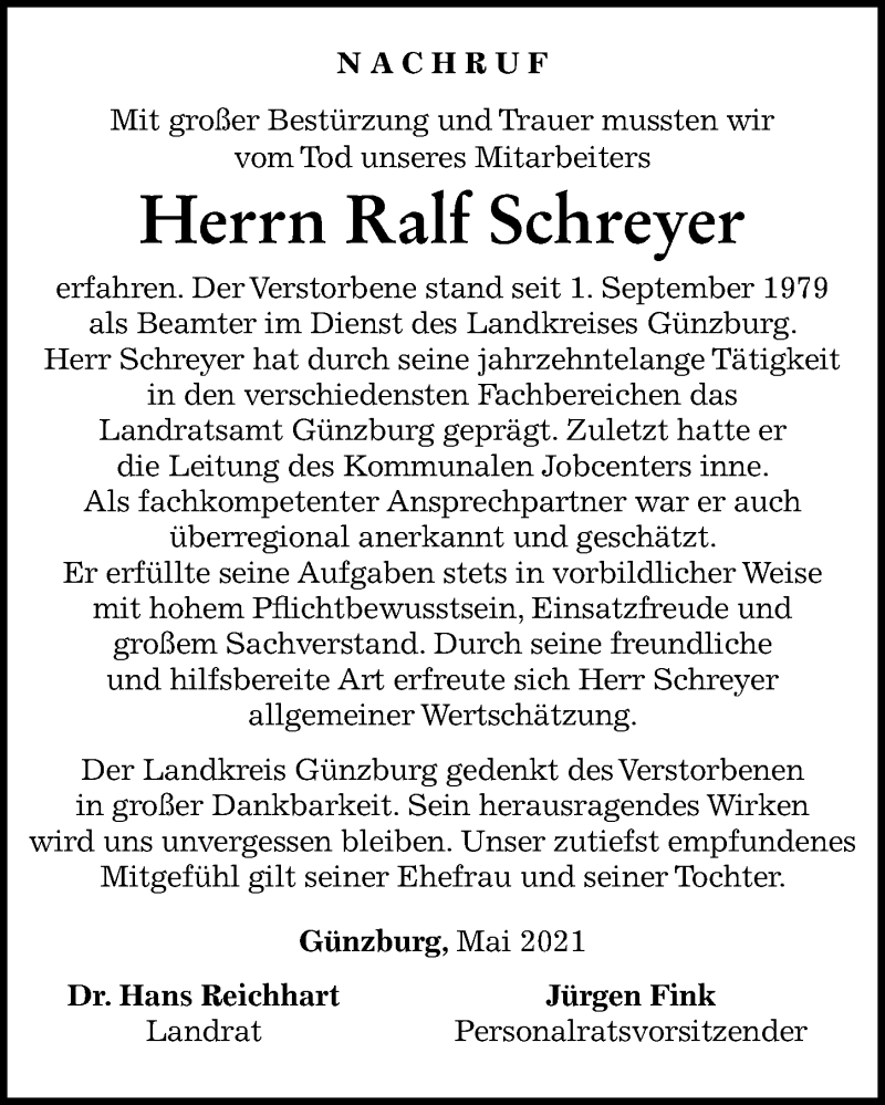 Traueranzeige von Ralf Schreyer von Mittelschwäbische Nachrichten, Günzburger Zeitung