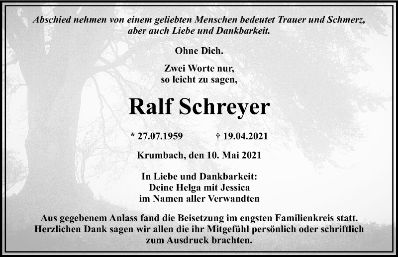 Traueranzeige von Ralf Schreyer von Mittelschwäbische Nachrichten