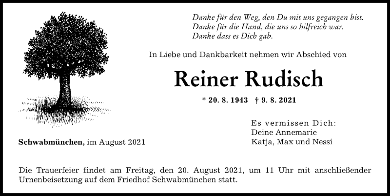 Traueranzeige von Reiner Rudisch von Augsburger Allgemeine