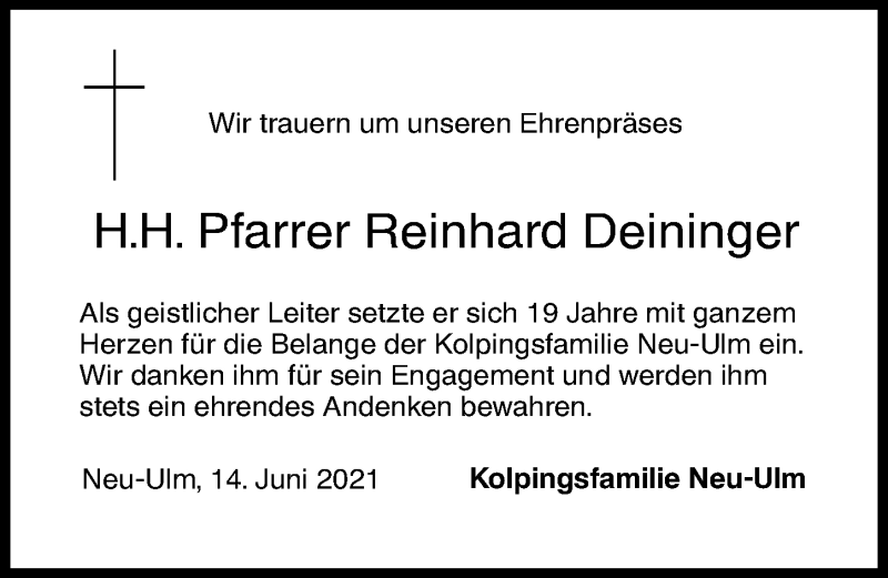 Traueranzeige von Reinhard Deininger von Neu-Ulmer Zeitung