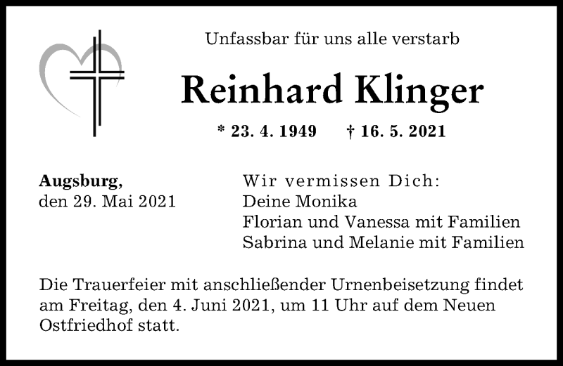  Traueranzeige für Reinhard Klinger vom 29.05.2021 aus Augsburger Allgemeine