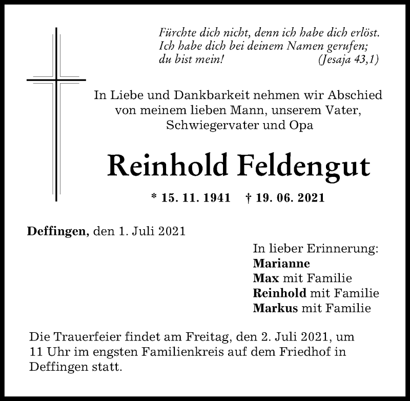 Traueranzeige von Reinhold Feldengut von Günzburger Zeitung