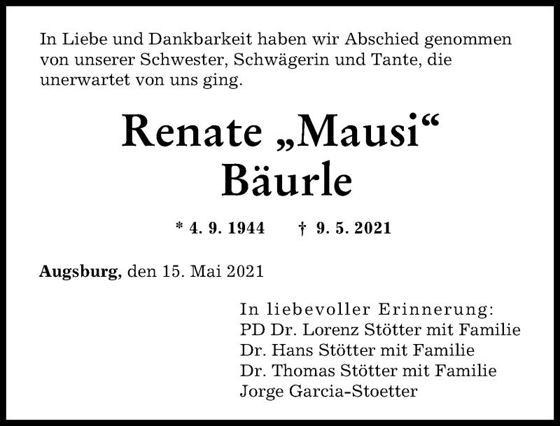 Traueranzeige von Renate Bäurle von Augsburger Allgemeine