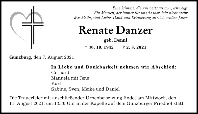 Traueranzeige von Renate Danzer von Günzburger Zeitung