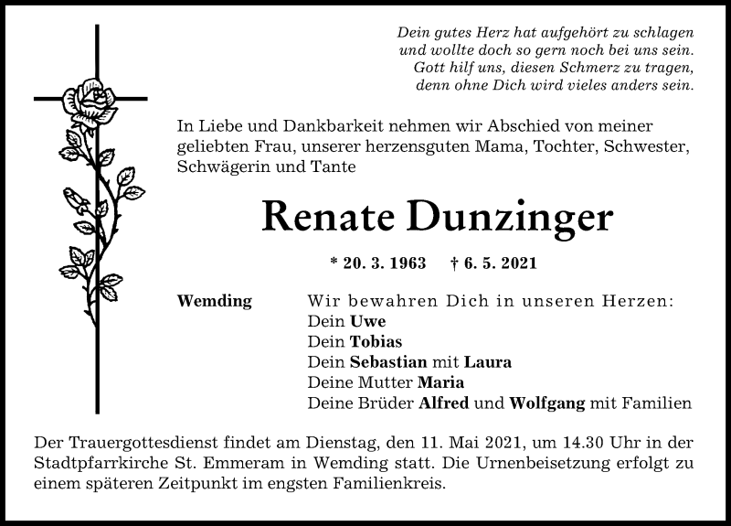 Traueranzeige von Renate Dunzinger von Rieser Nachrichten, Donauwörther Zeitung