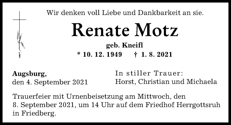 Traueranzeige von Renate Motz von Augsburger Allgemeine