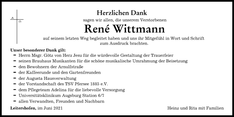 Traueranzeige von Rene Wittmann von Augsburger Allgemeine