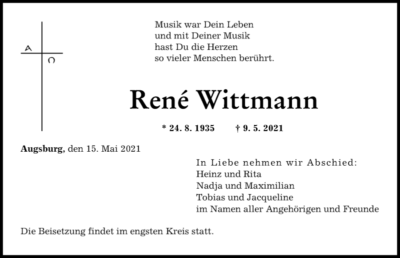 Traueranzeige von Rene Wittmann von Augsburger Allgemeine