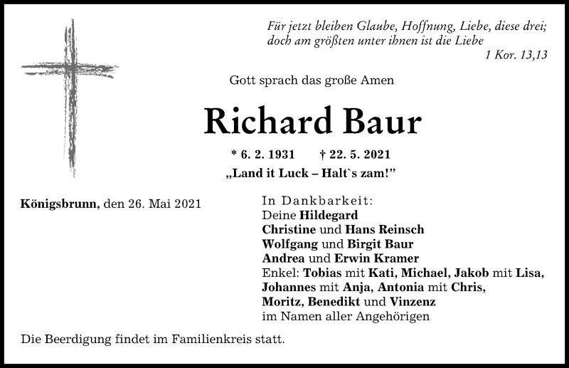 Traueranzeige von Richard Baur von Augsburger Allgemeine