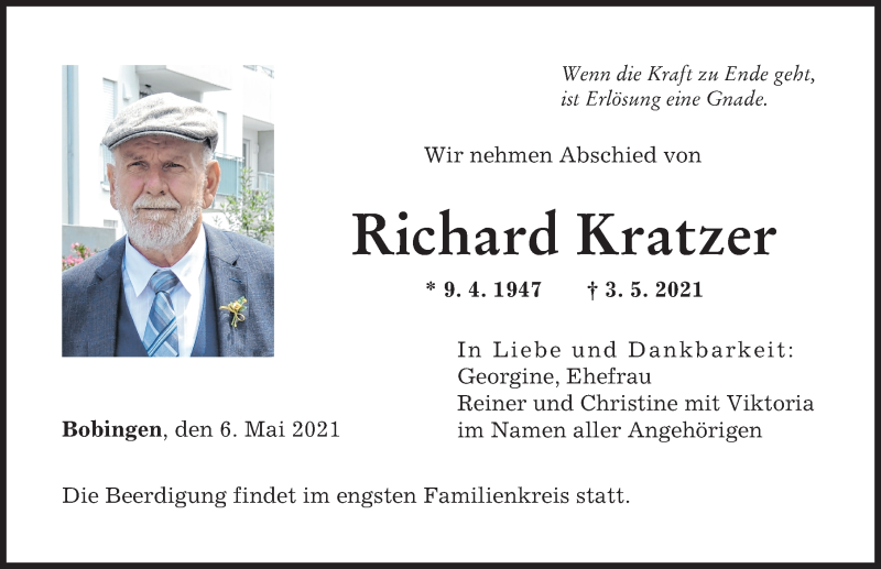 Traueranzeige von Richard Kratzer von Augsburger Allgemeine