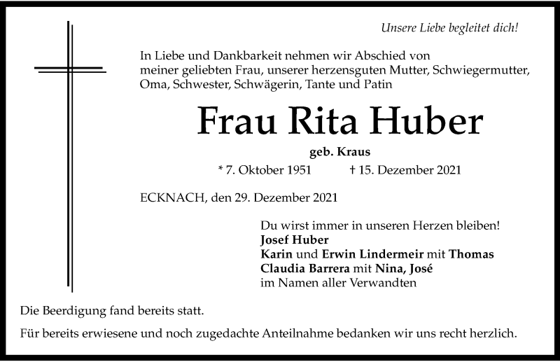 Traueranzeige von Rita Huber von Aichacher Nachrichten