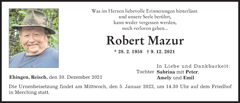 Traueranzeige von Robert Mazur von Augsburg-Land, Friedberger Allgemeine, Aichacher Nachrichten