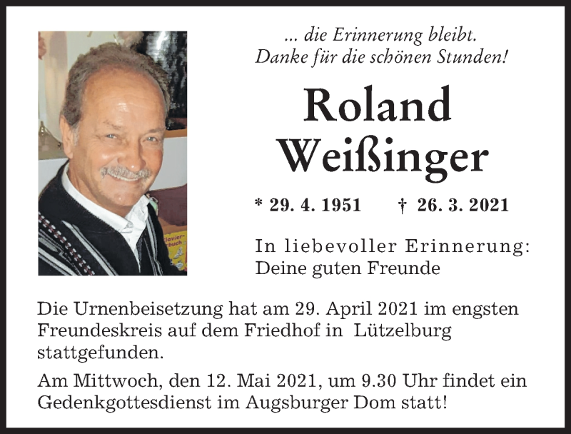 Traueranzeige von Roland Weißinger von Augsburger Allgemeine