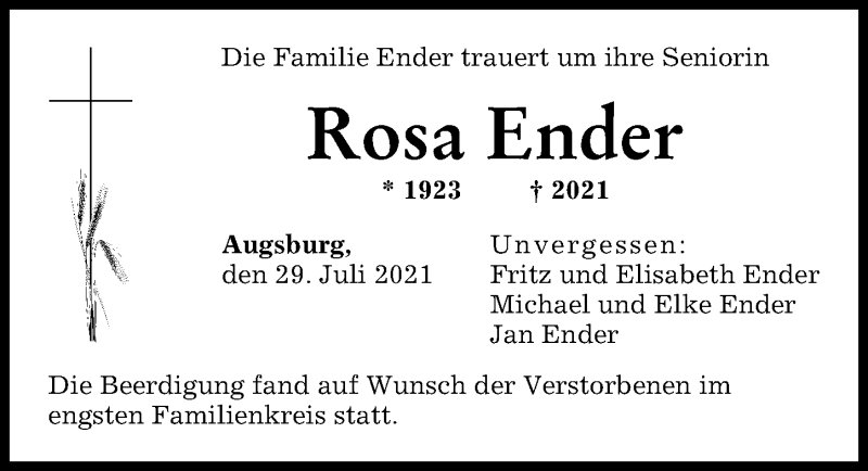 Traueranzeige von Rosa Ender von Augsburger Allgemeine