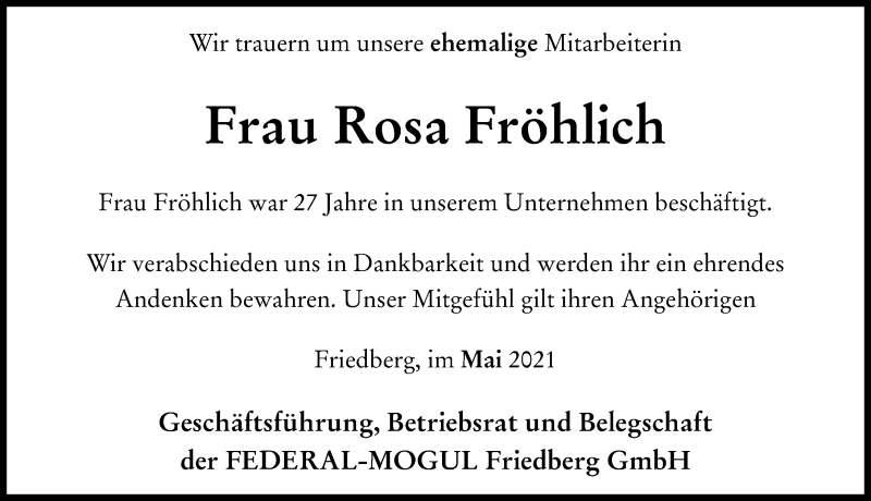 Traueranzeige von Rosa Fröhlich von Friedberger Allgemeine