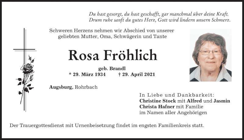 Traueranzeige von Rosa Fröhlich von Augsburger Allgemeine