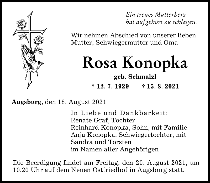 Traueranzeige von Rosa Konopka von Augsburger Allgemeine