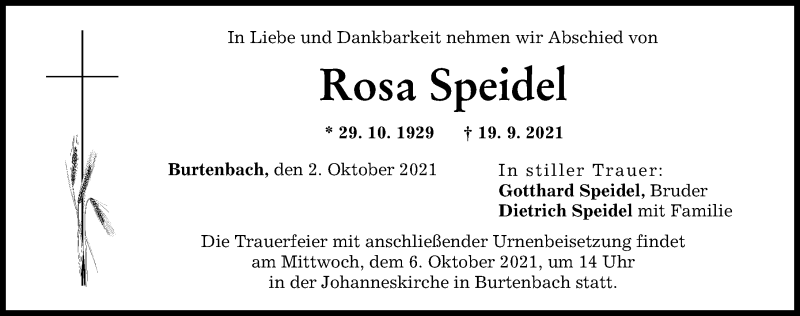 Traueranzeige von Rosa Speidel von Günzburger Zeitung