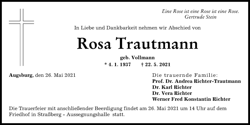 Traueranzeige von Rosa Trautmann von Augsburger Allgemeine