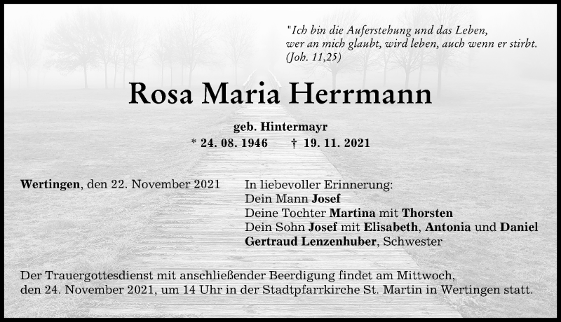 Traueranzeige von Rosa Maria Herrmann von Wertinger Zeitung