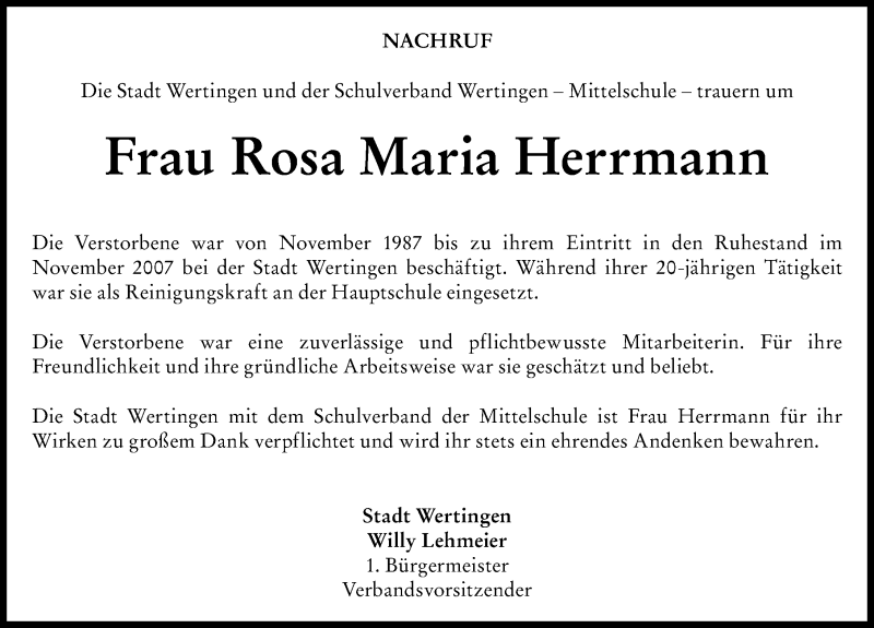 Traueranzeige von Rosa Maria Herrmann von Wertinger Zeitung