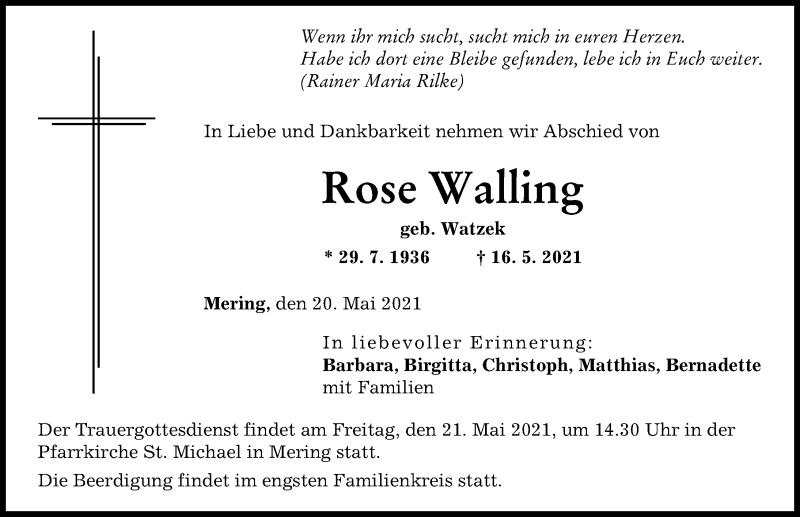 Traueranzeige von Rose Walling von Augsburger Allgemeine, Friedberger Allgemeine