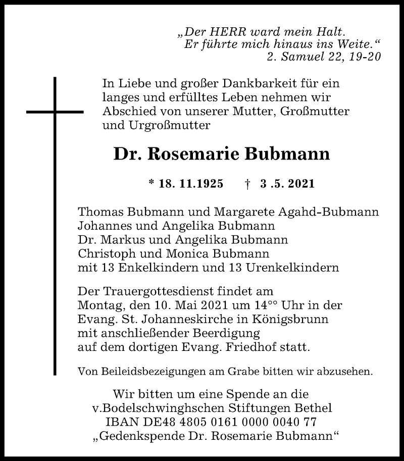 Traueranzeige von Rosemarie Bubmann von Augsburger Allgemeine