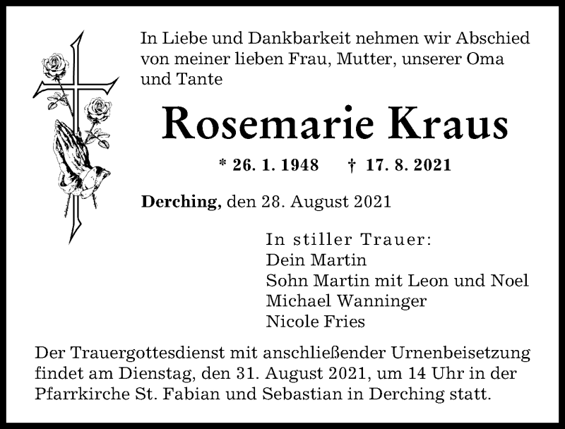 Traueranzeige von Rosemarie Kraus von Augsburger Allgemeine