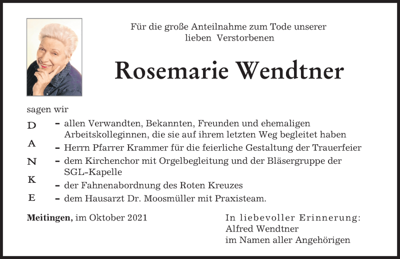 Traueranzeige von Rosemarie Wendtner von Augsburger Allgemeine