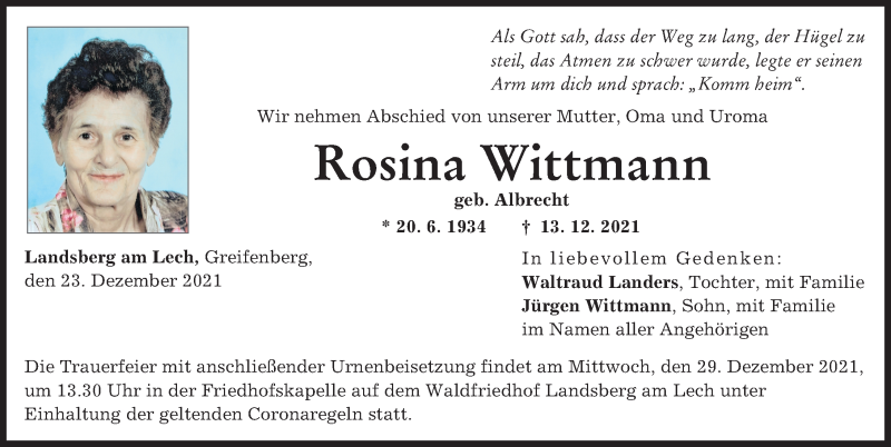 Traueranzeige von Rosina Wittmann von Landsberger Tagblatt