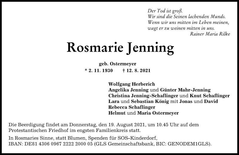 Traueranzeige von Rosmarie Jenning von Augsburger Allgemeine