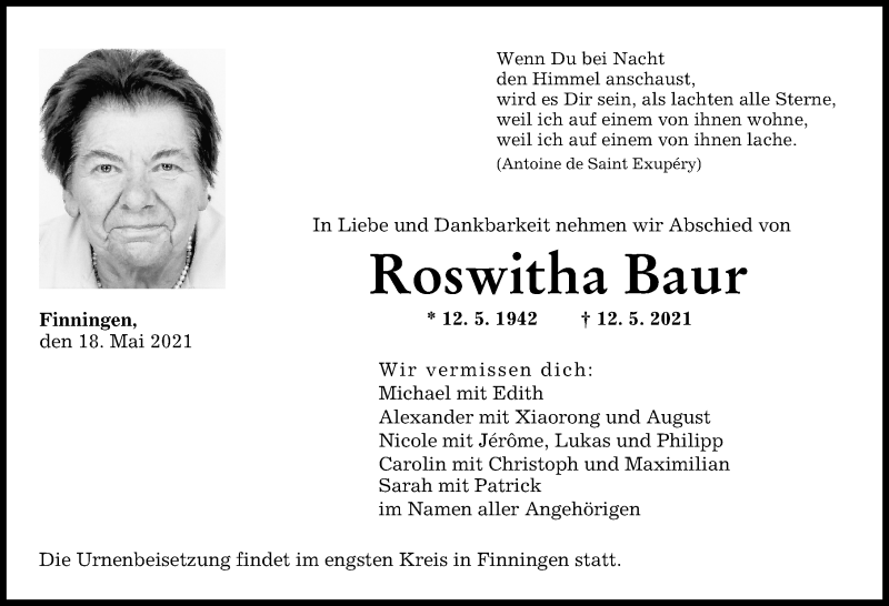 Traueranzeige von Roswitha Baur von Donau Zeitung