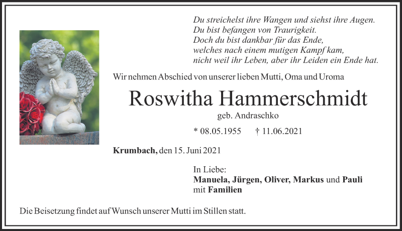  Traueranzeige für Roswitha Hammerschmidt vom 15.06.2021 aus Mittelschwäbische Nachrichten