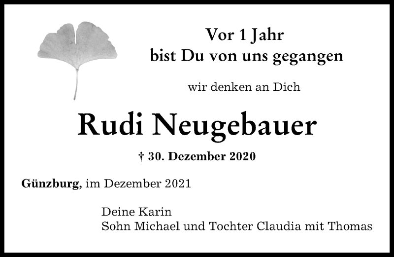 Traueranzeige von Rudi Neugebauer von Günzburger Zeitung