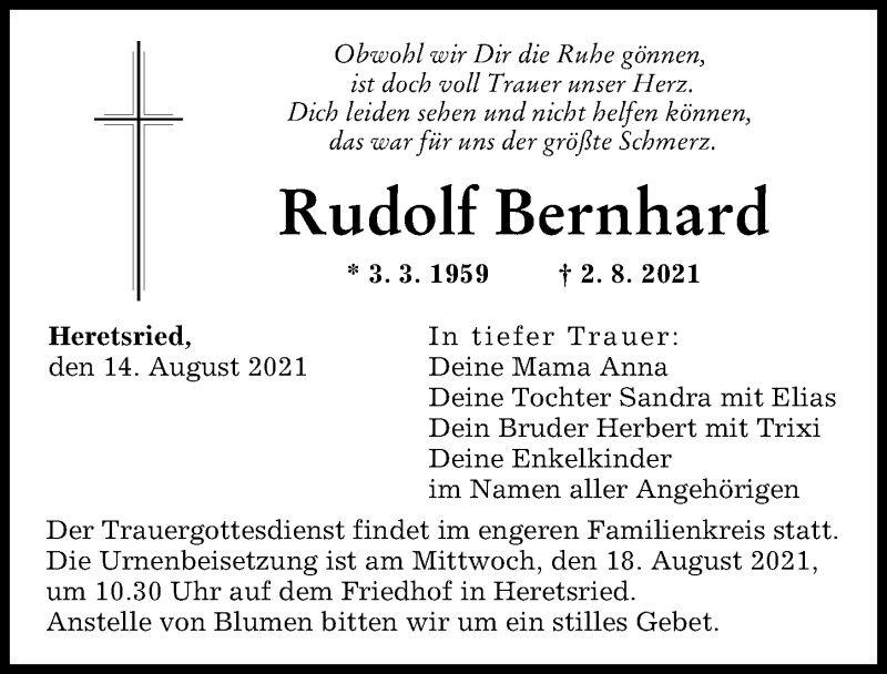 Traueranzeige von Rudolf Bernhard von Augsburger Allgemeine