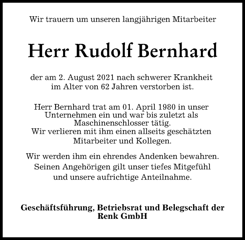 Traueranzeige von Rudolf Bernhard von Augsburger Allgemeine