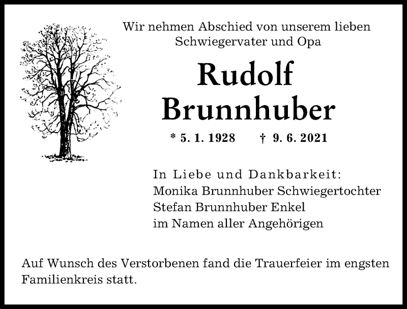 Traueranzeige von Rudolf Brunnhuber von Augsburger Allgemeine