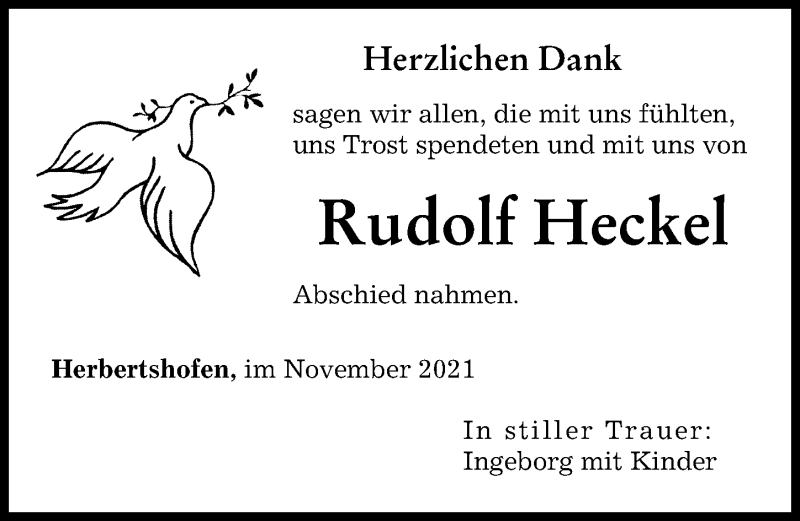 Traueranzeige von Rudolf Heckel von Augsburger Allgemeine