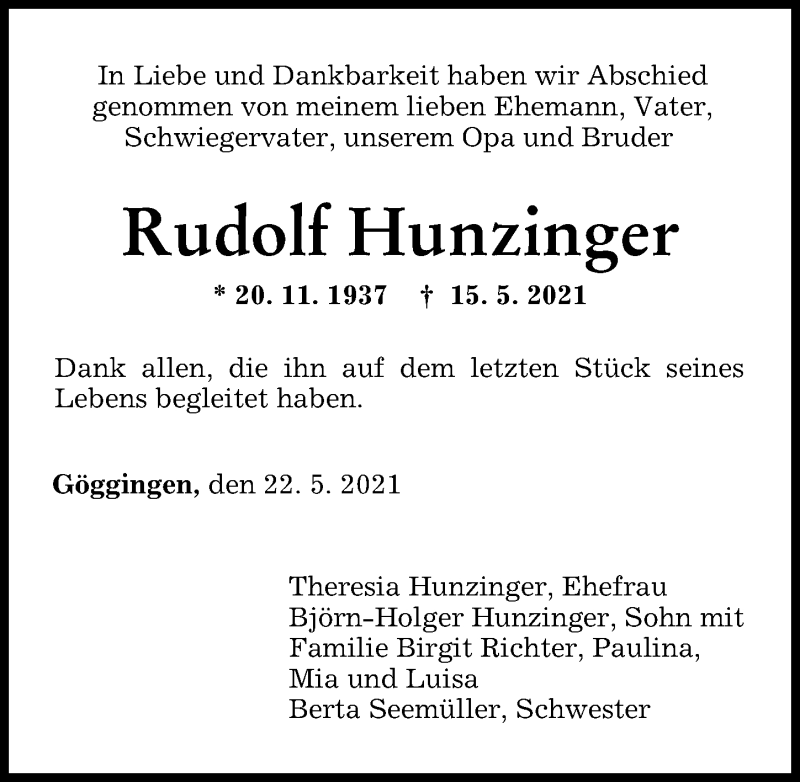 Traueranzeige von Rudolf Hunzinger von Augsburger Allgemeine