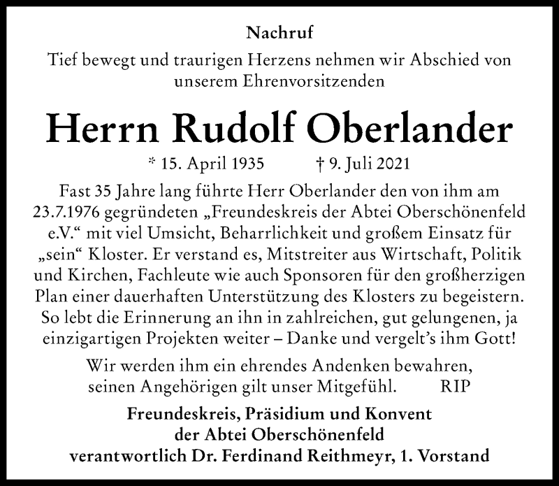 Traueranzeige von Rudolf Oberlander von Augsburger Allgemeine