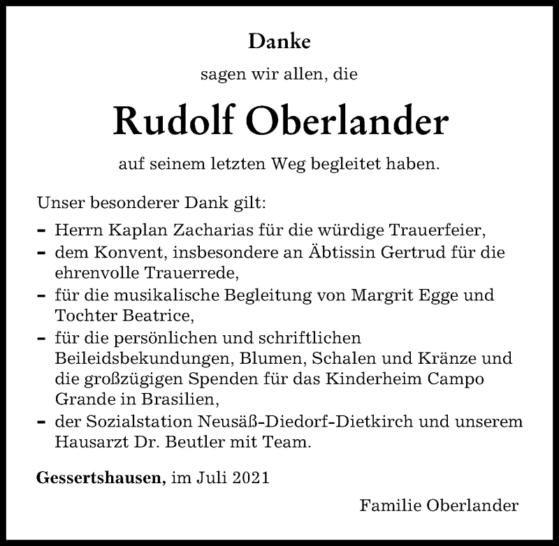 Traueranzeige von Rudolf Oberlander von Augsburger Allgemeine