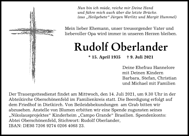 Traueranzeige von Rudolf Oberlander von Augsburger Allgemeine