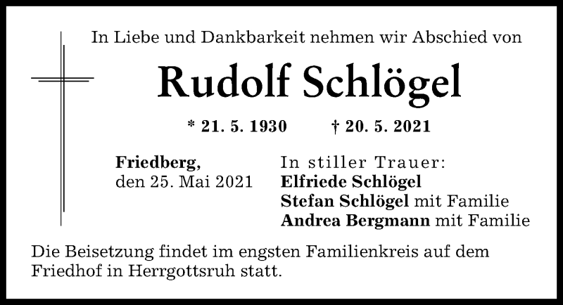 Traueranzeige von Rudolf Schlögel von Augsburger Allgemeine