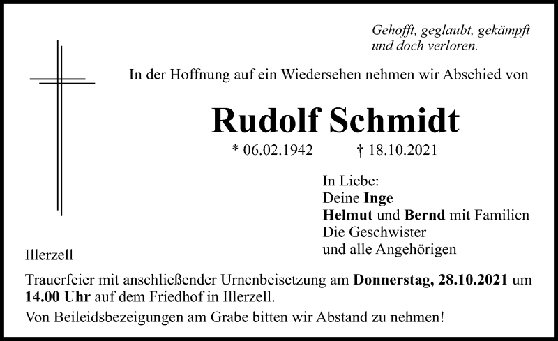  Traueranzeige für Rudolf Schmidt vom 25.10.2021 aus Neu-Ulmer Zeitung