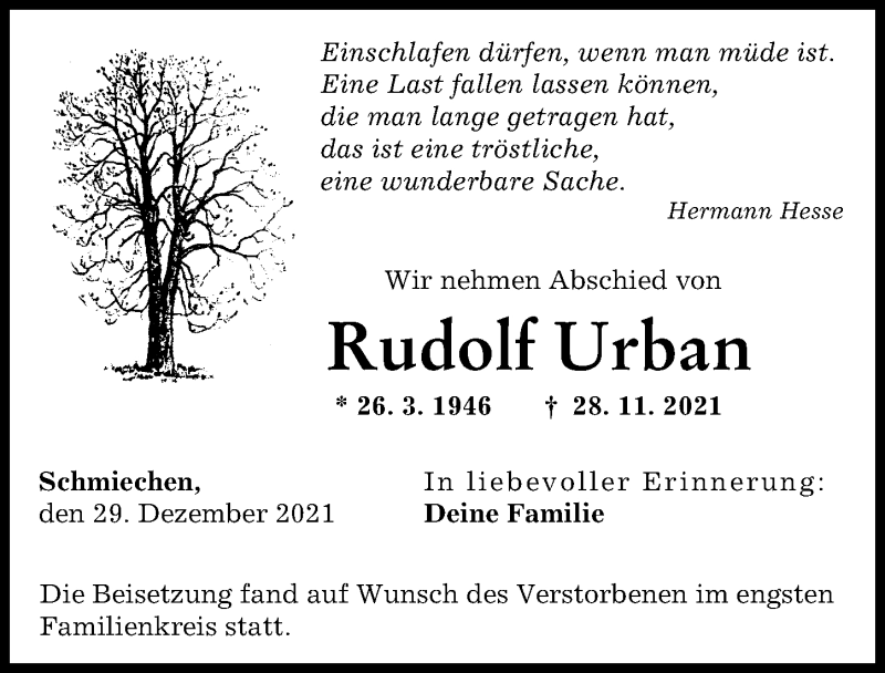 Traueranzeige von Rudolf Urban von Friedberger Allgemeine