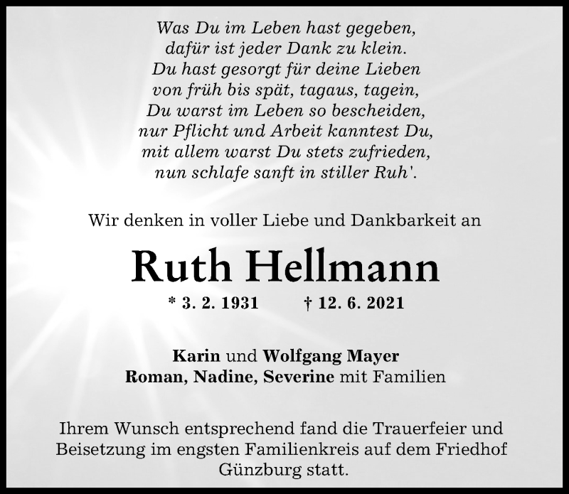 Traueranzeige von Ruth Hellmann von Günzburger Zeitung