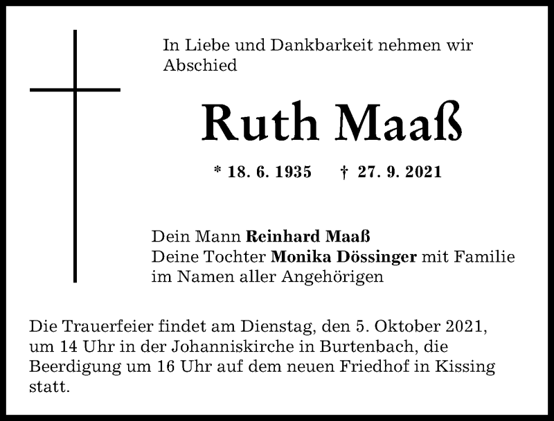 Traueranzeige von Ruth Maaß von Günzburger Zeitung