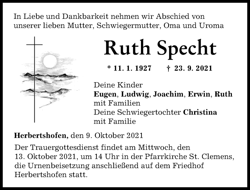  Traueranzeige für Ruth Specht vom 09.10.2021 aus Augsburg-Land